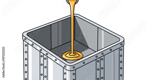 A steady stream of molten golden metal or liquid pours into a large industrial silver vat featuring reinforced edges and metallic rivet details.