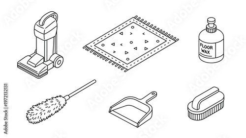Household Cleaning Tools Isometric Line Art Icons Set: Vacuum, Rug, Floor Wax, Duster, Dustpan, Brush