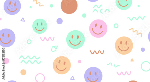Happy Smiley Faces Wavy Lines Dots Triangles Colorful Pattern