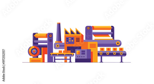 An intricate industrial factory scene features automated machinery with conveyor belts and rollers operating within a stylized purple and orange color motif environment.