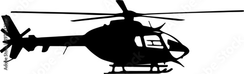 Silhouette of a helicopter in flight against a white background