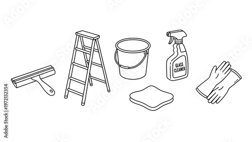 Essential Household Cleaning Supplies Line Art Icons Set