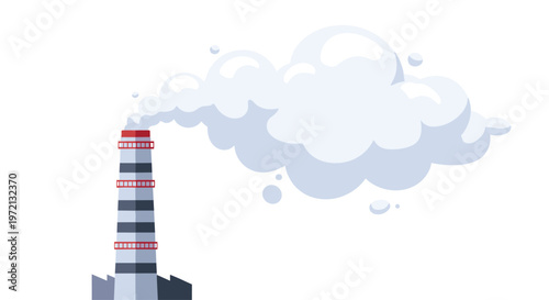 A towering industrial chimney releases a massive billowing white plume of smoke into a pristine sky featuring distinct red and grey horizontal stripes.