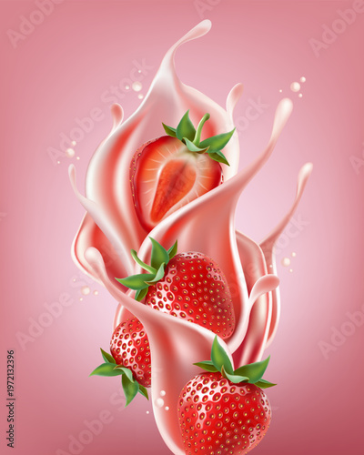 Mixed berries smoothies fruit splashing of Tropical fruits isolated on white background. Vector in 3D illustrations.