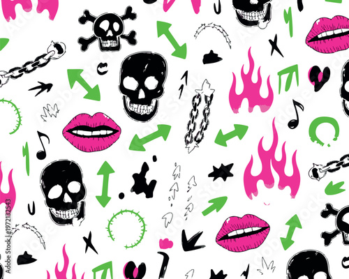Punk rock seamless pattern with skulls lips chains lightning and music notes.