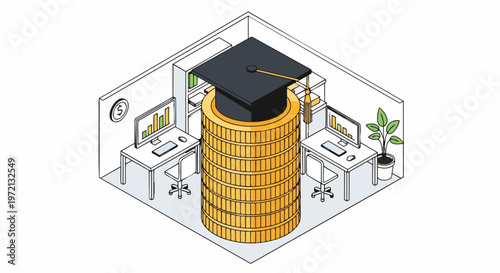 Isometric Illustration of Graduation Cap on Gold Coin Stack in Office Setting Representing Education Investment and Career Success