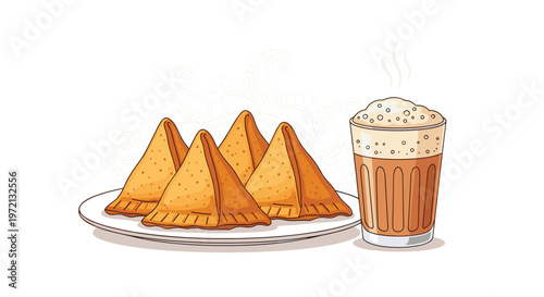 Four crispy golden triangular samosas rest on a simple white plate beside a tall glass of hot frothy masala chai tea with a warm amber and brown color motif.
