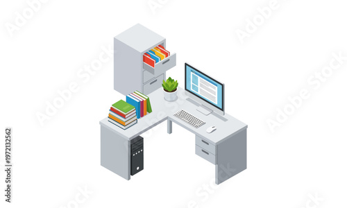 Foto Isometric Office Workspace with Computer and Filing Cabinet.