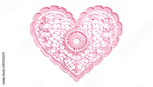Intricate pink lace heart pattern, delicate crochet detail, romantic symbol of love, isolated on transparent background