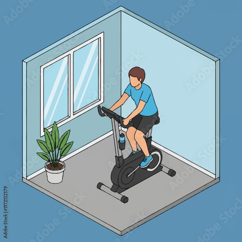 Man exercising on a stationary bike indoors.