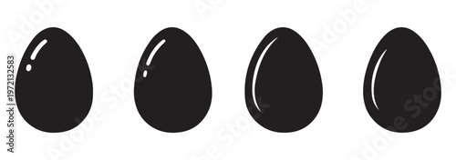 Egg icon set, black and white silhouette vector illustration of cracked, fried, boiled, and sliced eggs for breakfast food design