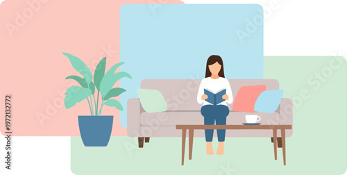 A woman relaxing on a comfortable couch, engrossed in a book, with a potted plant and a cup of coffee on a side table in a cozy living room setting, promoting a sense of peace and tranquility