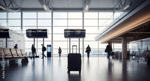 Modern airport terminal with travelers and luggage. A bright background, ideal template, and subtle architectural texture for global travel visuals