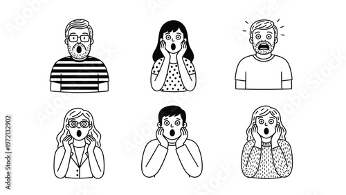 Surprised and Shocked People Vector Icons Collection. Diverse Characters Expressing Amazement and Disbelief in Line Art Style.