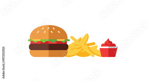 A delicious cheeseburger layered with fresh lettuce and tomato sits next to a pile of golden potato wedges on a white background with a vibrant red ketchup motif.