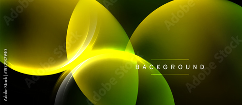 Abstract design features flowing yellow, green shapes. Dark background emphasizes vibrant color gradients, creating dynamic visual effect.
