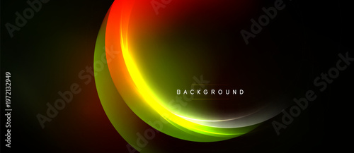 Abstract design features vibrant curved lines. Colors blend from red, orange, yellow, green into dark shades. Minimalist style, modern aesthetic.