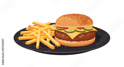 A gourmet beef burger topped with melted cheese and sliced pickles is served on a dark plate against a white background featuring a crispy golden and brown color motif.