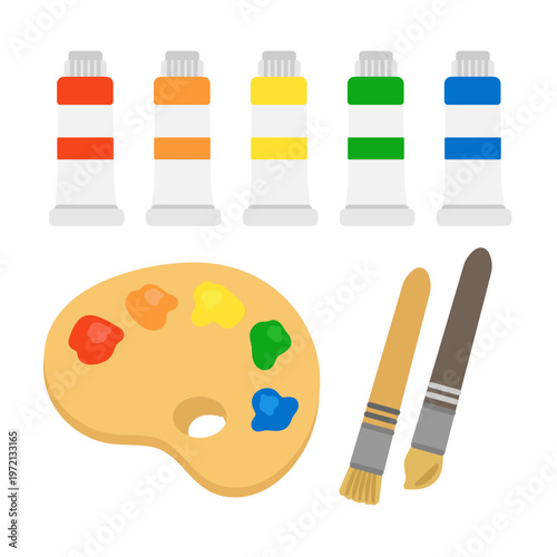 5種類の絵の具・パレットと筆のイラストセット