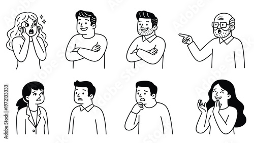 Diverse People Emotional Expressions Line Art Vector Set. Hand-drawn human gestures and feelings in simple black and white style.