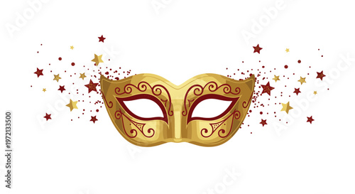 Opulent gold masquerade mask with shimmering red glitter details is surrounded by a festive explosion of golden stars and crimson sparkles on white background.