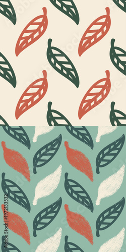 Seamless leaf pattern set featuring hand drawn textured designs in green, coral, teal and beige tones. Ideal for fabric, wallpaper, wrapping paper and modern surface design.
