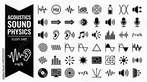 Acoustics Sound Physics Bold Line Icons-Sound Wave Frequency Amplitude Decibel Doppler Resonance Standing Wave Echo-20 Acoustics Icon Set Vector - Sound Physics Icons