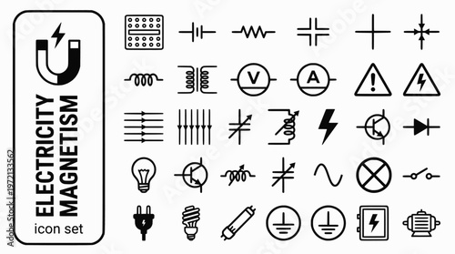 Electricity Magnetism Bold Line Icons-Circuit Battery Resistor Capacitor Voltmeter Ohms Law Magnetic Field Electromagnet-30 Electricity Icon Set Vector - Magnetism Icons