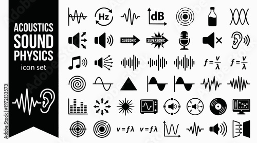 Acoustics Sound Physics Bold Line Icons-Sound Wave Frequency Amplitude Decibel Doppler Resonance Standing Wave Echo-20 Acoustics Icon Set Vector - Sound Physics Icons