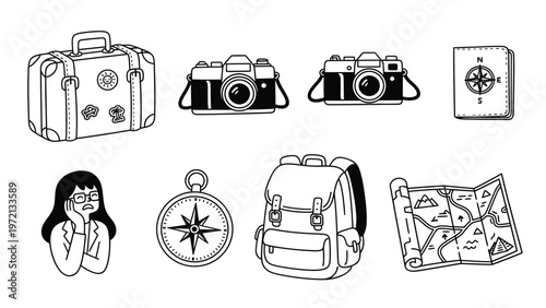 Hand-drawn Travel Essentials & Adventure Kit Icons. Suitcase, cameras, map, compass, backpack, passport, and pensive traveler.