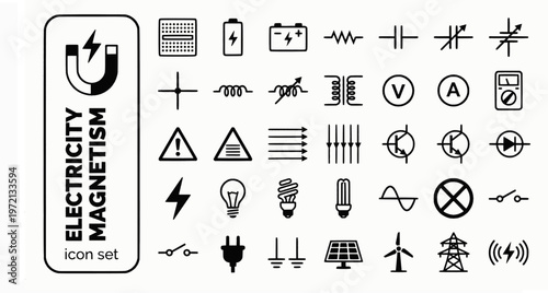 Electricity Magnetism Bold Line Icons-Circuit Battery Resistor Capacitor Voltmeter Ohms Law Magnetic Field Electromagnet-30 Electricity Icon Set Vector - Magnetism Icons