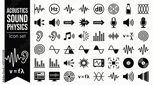 Acoustics Sound Physics Bold Line Icons-Sound Wave Frequency Amplitude Decibel Doppler Resonance Standing Wave Echo-20 Acoustics Icon Set Vector - Sound Physics Icons