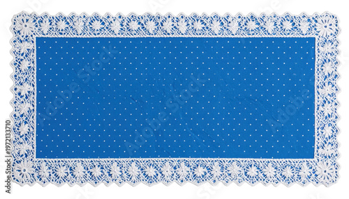 Rectangular blue placemat with white polka dots and ornate lace trim, isolated on a transparent background, perfect for table setting or crafting