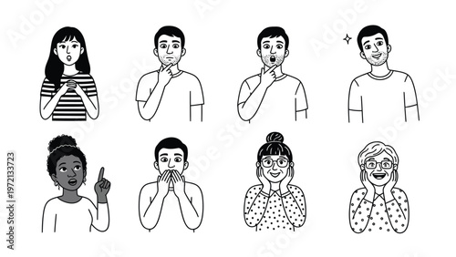 Diverse people expressing various emotions and gestures illustration set in line art style