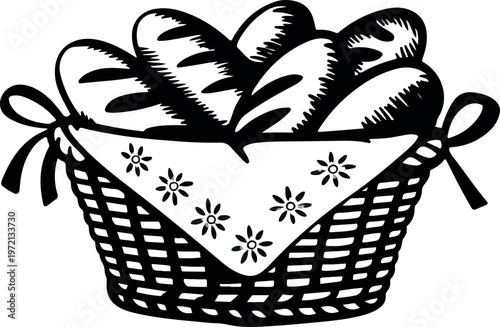 Rustic bread basket sketch with baguettes and floral napkin in hand drawn engraving style silhouette.
