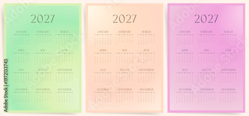 2027 Calendar design set. Colorful gradient calendar for 2027 in green, peach and pink. Week starts on Sunday.
