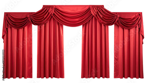 Rich red draped stage curtains with decorative swags, theater entrance, award ceremony backdrop, isolated on transparent