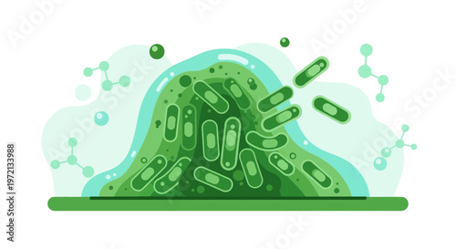 Green Bacteria Colony Blob with Molecules, Microorganism Science Concept