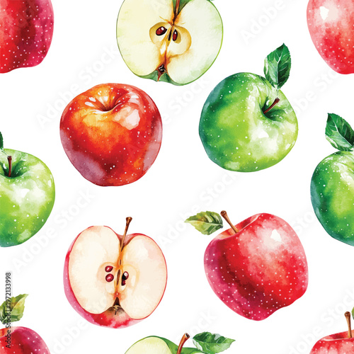 watercolor apple fruit seamless pattern, whole and halved hand drawn illustration wallpaper background