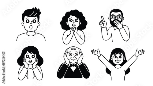 Set of diverse cartoon people expressing surprise, shock, and amazement. Emotional reactions and facial expressions vector.