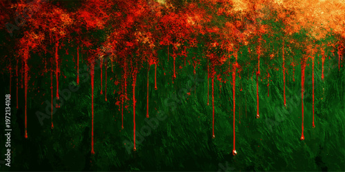 Abstract an abstract representation of a blood rain, with streaks of crimson cascading down onto a textured green surface. The image evokes a sense of somber drama, like a scene in a nightmarish.
