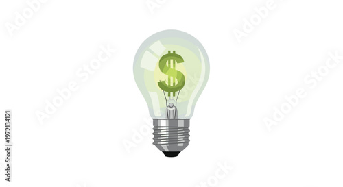 A realistic glass light bulb features a vibrant glowing green dollar sign filament while positioned centrally against a clean white background with subtle internal reflections.