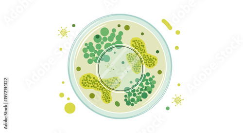 Microbiology petri dish with colorful bacteria colonies and viruses, scientific research concept