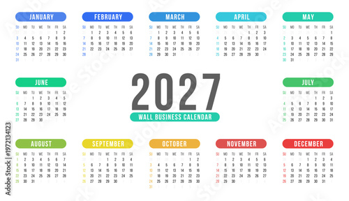 2027 Wall Calendar design. Colorful annual business calendar for 2027 with rounded month headers. Week starts on Sunday.