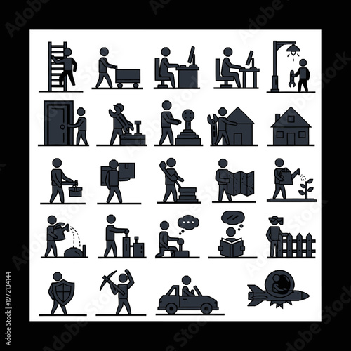 Collection of people performing various daily tasks and activities.