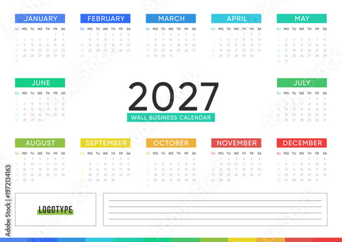 2027 Wall Calendar design. Colorful annual business calendar for 2027 with logotype placeholder. Week starts on Sunday.