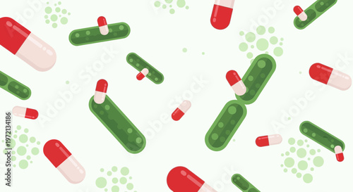 Microscopic Bacteria and Antibiotic Pills Seamless Pattern, Medical Science Concept