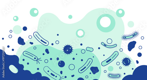 Microscopic Bacteria and Germs Floating in Bubbles, Science and Health Concept