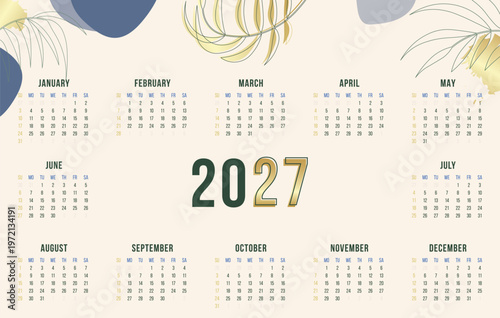 2027 Calendar template design. Botanical wall calendar for 2027 in blue and gold with floral decor. Week starts on Sunday.