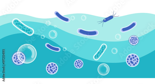 Microscopic Bacteria and Microbes Floating in Wavy Blue Water with Bubbles